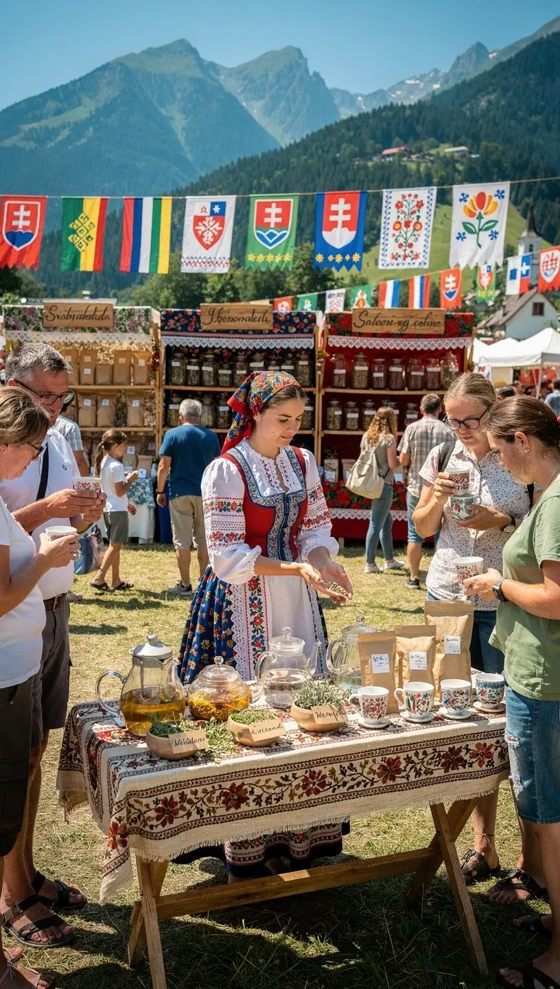 Horská krajina Slovenska s rozkvetenými bylinkami v pozadí