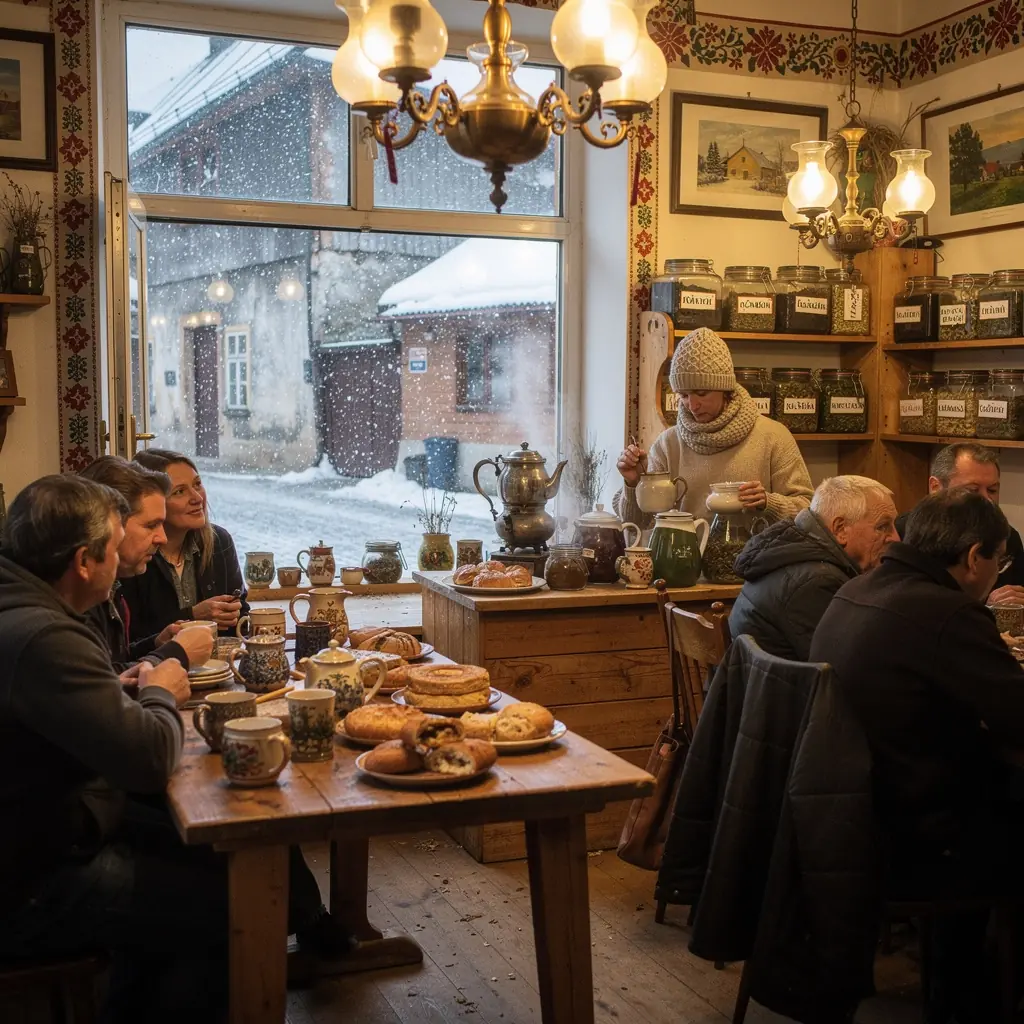 Tradičná slovenská čajová súprava s bylinkovým čajom na drevenom stole